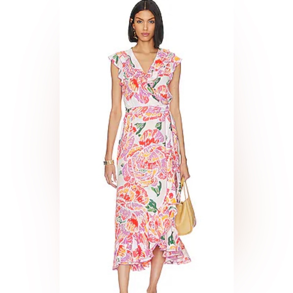 Poupette St Barth • Aude Midi Wrap Dress Orange Macro Peony • Viscose • Sz L NWT